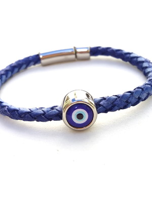 Pulseira olho grego em couro azul com fecho imã prateado