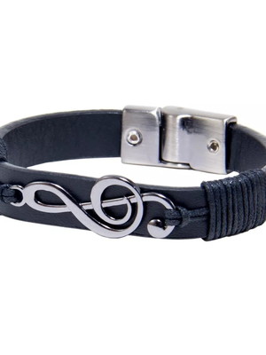 Pulseira música em couro preto com clave de sol grafite