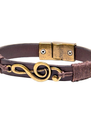 Pulseira música em couro marrom com clave de sol ouro velho