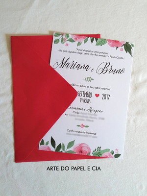 A72: convite de casamento mari romântico floral com envelope