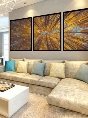 Kit 3 quadros decorativos arvores floresta amarela moldura