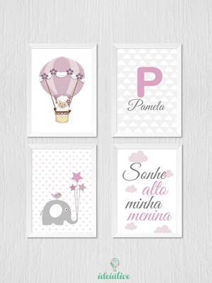 Quadro menina, ovelhinha, sonhe alto, elefantinho e nome