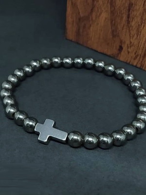 Pulseira religiosa com cruz em pedras naturais hematita