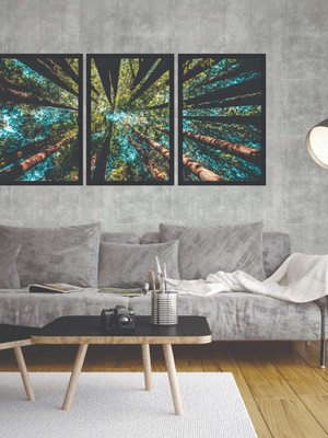 Kit 3 quadros decorativos arvores floresta para sala moldura