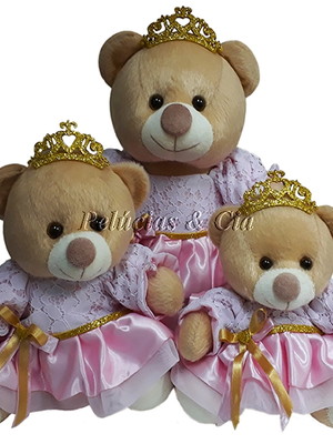 Trio ursa princesa rosa - nicho (15 cm, 18 cm e 22 cm)