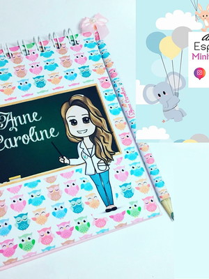 Bloquinho + mini lapis personalizado coruja professora
