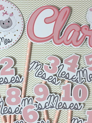 Kit completo mesversário bebê com topos de bolo e adesivos