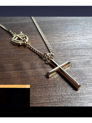 Colar masculino com pingente cruz e escudo fé longo banhado