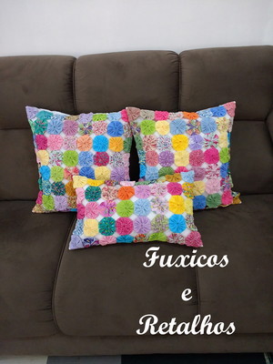Kit 03 capa almofada artesanal de fuxico vintage retrô