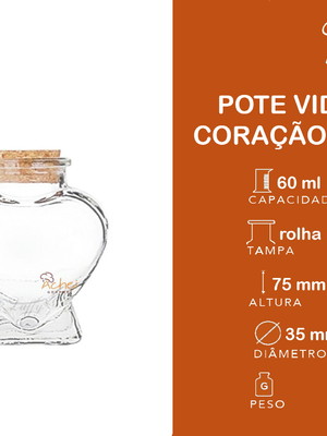 Potinho de vidro coração com rolha 45ml - 12 unidades