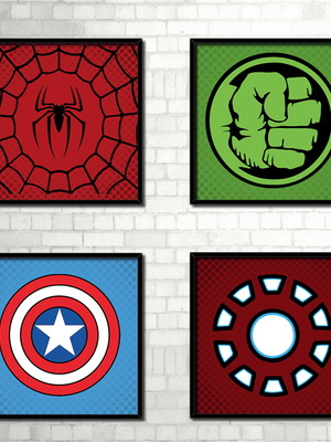 Kit 4 quadros / vingadores / símbolos
