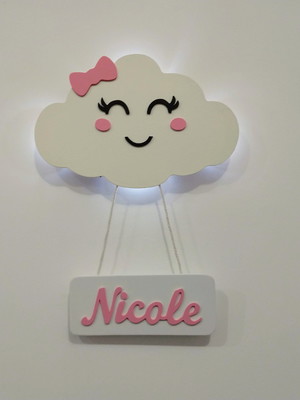 Nuvem com led rostinho e plaquinha com nome do bebe