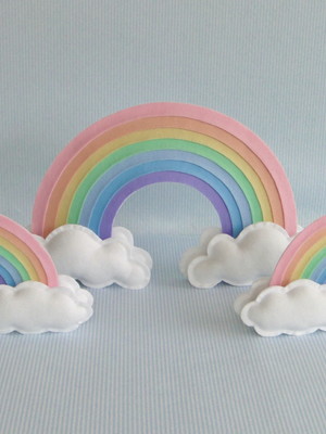 Kit 3 enfeite nuvem arco íris coração candy colors feltro