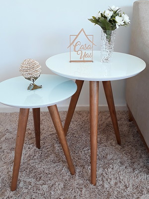 Conjunto mesa lateral pé palito branca com vidro casa uai