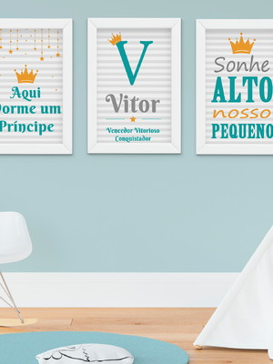 Quadro decorativo infantil bebê menino nome frase sonhe alto