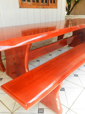 Mesa rustica madeira maciça mogno 3mtsx85+2 bancos 10lugares