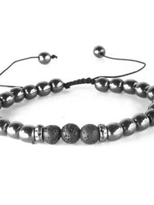 Pulseira masculina pedras naturais hematita e vulcânica
