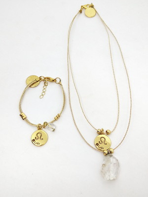 Conjunto colar e pulseira signo de leão com quartzo cristal
