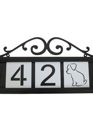 Placa com número para casa moldura arabescos com cachorrinho