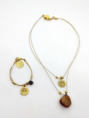 Conjunto colar e pulseira signo virgem com ágata e ametista