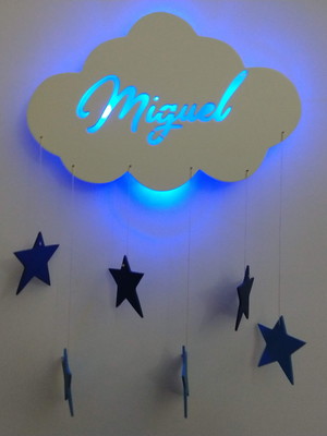 Nuvem iluminada com led nome bebe e chuva de estrelas
