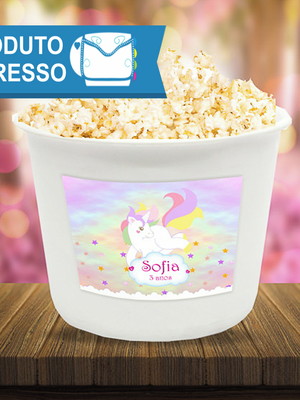 Rótulo balde de pipoca unicórnio