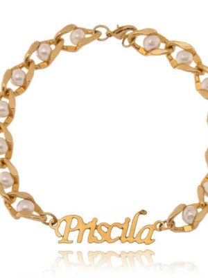 Pulseira feminina com nome e corrente com perolas