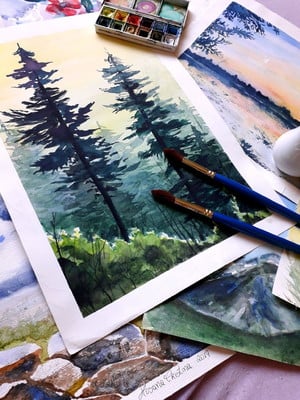 Pintura em aquarela pinheiro a3