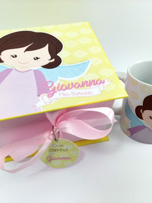 Caixa convite para padrinhos de batizado caneca e caixa anjo