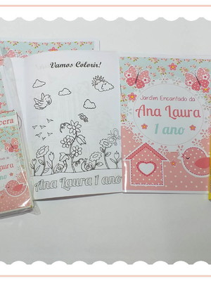 Mini livro colorir 10x14cm +giz de cera - jardim encantado
