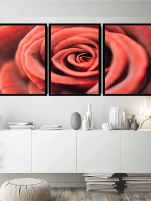 Quadro decorativo flor rosa vermelha com moldura 3 peças