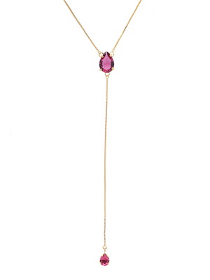Colar longo veneziana pedra gota fusion pink folheado a ouro