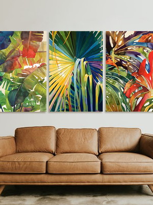 Conjunto com 3 quadros decorativos tropical aquarela