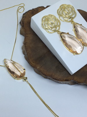 Conjunto colar e brinco gota cristal champanhe - banho ouro