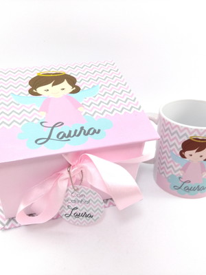 Caixa convite para padrinhos de batizado caneca e caixa anjo