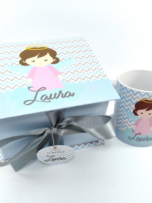 Caixa convite para padrinhos de batizado caneca e caixa anjo