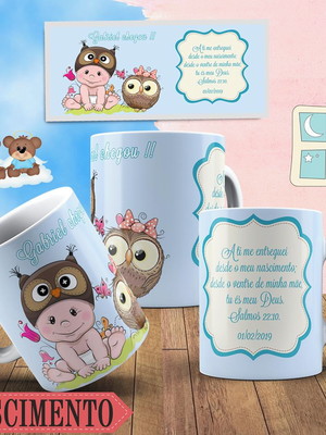 Caneca de polímero personalizada nascimento coruja