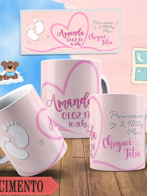 Caneca de polímero personalizada nascimento pezinho girl