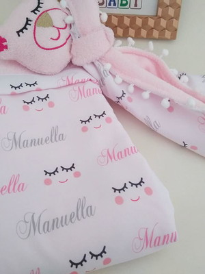 Kit manta + naninha para bebê personalizada cílios + nome