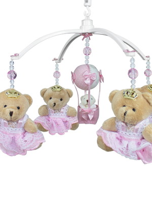 Móbile berço musical giratório ursa rosa menina bebê coroa