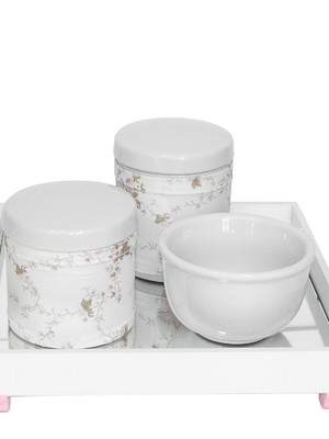 Kit higiene espelho potes porcelanas molhadeira rosa menina