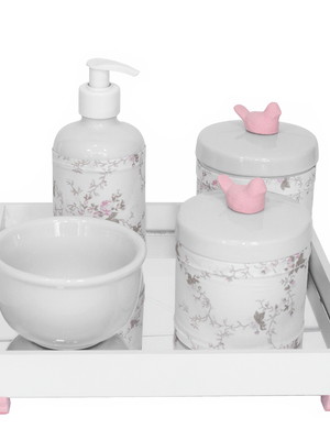 Kit higiene porcelana molhadeira bebê passarinho rosa menina