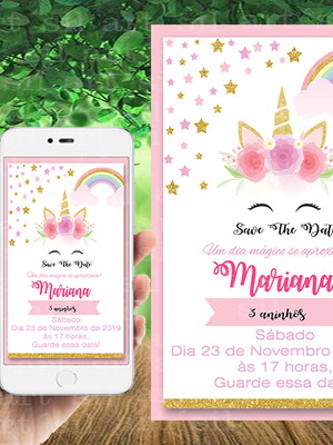 Convite save the date unicórnio