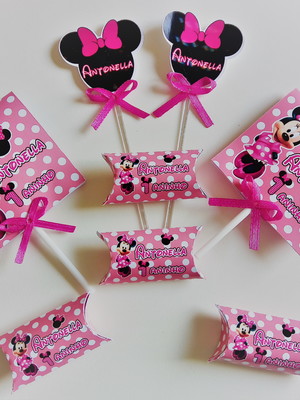 Kit minnie rosa balas, pirulitos e toppers para doce