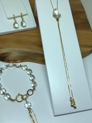 Conjunto cristal - semijoia - banho ouro 18k