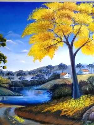 Quadros pintura em tela paisagem campo ipê amarelo