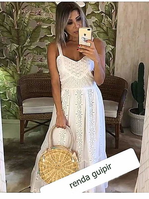 Vestido longo branco lese renda noiva civil batizado festa