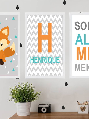 Quadro moldura a3 decorativa kit com 3 - raposa/nome e sonhe