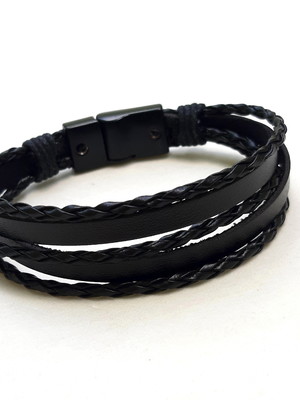 Pulseira masculina couro preto fecho imã