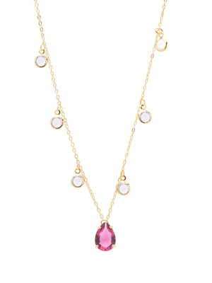 Colar pedra cristal e pedra gota pink folheado ouro 18k prem